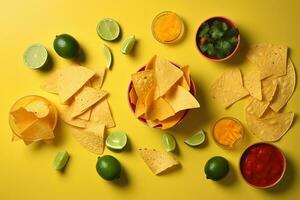 AI generated nachos and lime slices on yellow background photo