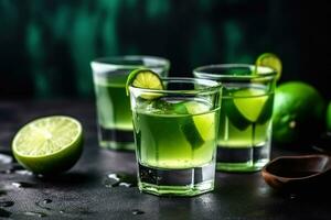 AI generated three shots of green drink with lime slices photo