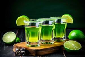 AI generated three shots of tequila with lime on a wooden board photo