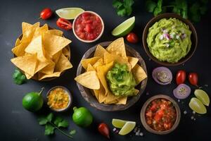 AI generated mexican food with tortilla chips, guacamole, salsa, lime and c photo