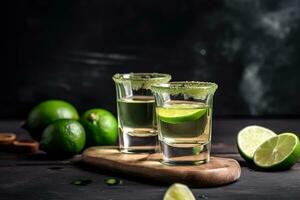 AI generated two shots of tequila with lime on a wooden board photo