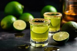 AI generated two shots of tequila with lime slices photo