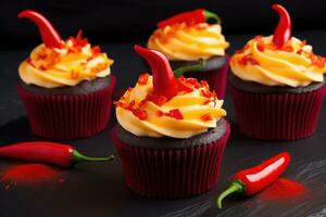 AI generated chocolate cupcakes with chili pepper and red frosting photo