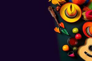 AI generated mexican background with colorful hats, guitar and other items photo