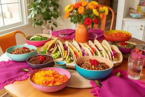 ai generado un mesa coronado con vistoso bochas de comida foto