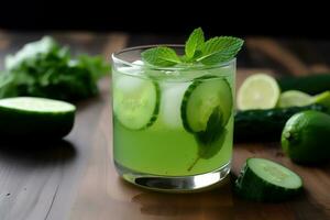 ai generado un vaso de verde bebida con pepinos y menta hojas foto