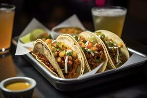 AI generated three tacos are on a metal tray with a glass of beer photo