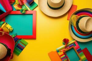 AI generated colorful mexican hats and frames on yellow background photo