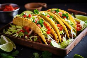 AI generated tacos with meat and vegetables on a wooden tray photo