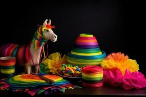 AI generated a colorful table with a colorful llama, paper flowers and other decorations photo