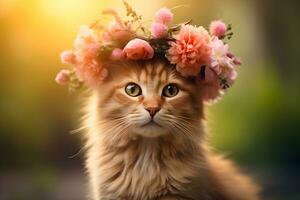 AI generated Hello spring concept. Red cat in a flower wreath. AI generated photo