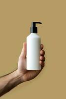 AI generated Male hand holding a bottle of body lotion. Men care concept. AI generated photo