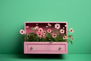 AI generated Creative spring concept - flowers grow in drawer on green background. AI generated photo