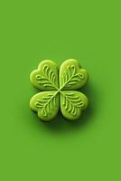 AI generated St. Patricks Day symbol cookie in shape of clover leaf on green background. Minimalism. AI generated photo