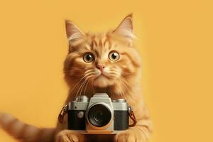 ai generado rojo gato con un cámara en amarillo antecedentes. ai generado foto