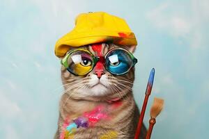 ai generado artista gato con pintar cepillos ai generado foto