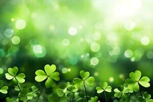 AI generated Green clover on lawn background with copy space. St Patriks Day concept. AI generated photo