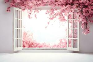 AI generated Spring blooming tree near open white window. Springtime background. AI generated photo