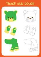 Trace and color the clothes, hat, scarf and mittens. Coloring book for preschool children. Handwriting practice. vector