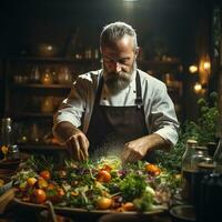 ai generado ensalada maestría culinario experto en acción realista imagen en un restaurante generativo ai foto