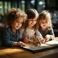 AI generated Scholarly Scene Realistic Image Depicting Kids Immersed in Bookish Adventures Generative AI photo