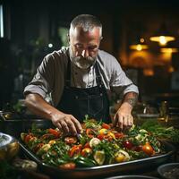 ai generado gastrónomo gloria imagen capturar cocinero culinario pericia en ensalada preparación generativo ai foto