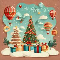 AI generated Christmas greeting background equipped with Christmas trees, gifts, etc photo