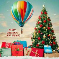 AI generated Christmas greeting background equipped with Christmas trees, gifts, etc photo