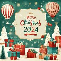 AI generated Christmas greeting background equipped with Christmas trees, gifts, etc photo