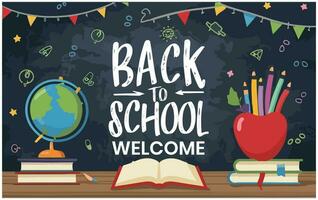 Welcome back to school poster with books and apple. Vector illustration.