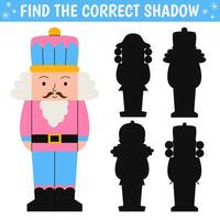 Find correct shadow of cute nutcracker. Educational logical game. Christmas game. Printable worksheet with solution for school and preschool. Vector cartoon illustration.