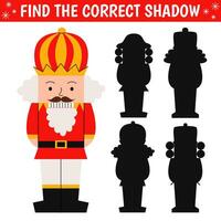 Find correct shadow of cute nutcracker. Educational logical game. Christmas game. Printable worksheet with solution for school and preschool. Vector cartoon illustration.