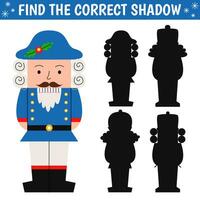 Find correct shadow of cute nutcracker. Educational logical game. Christmas game. Printable worksheet with solution for school and preschool. Vector cartoon illustration.