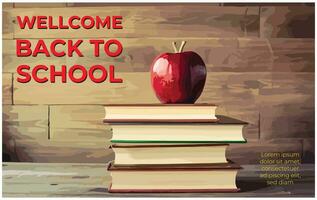 Welcome back to school poster with books and apple. Vector illustration.