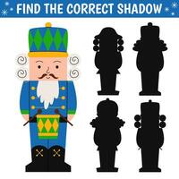 Find correct shadow of cute nutcracker. Educational logical game. Christmas game. Printable worksheet with solution for school and preschool. Vector cartoon illustration.