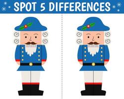 Cute nutcracker in cartoon style. Find 5 differences. Educational matching christmas game for children. Printable worksheet with solution for school and preschool. Cartoon vector illustration