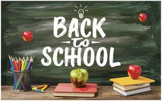 Welcome back to school poster with books and apple. Vector illustration.