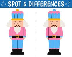 Cute nutcracker in cartoon style. Find 5 differences. Educational matching christmas game for children. Printable worksheet with solution for school and preschool. Cartoon vector illustration