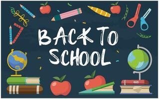 Back to school poster with chalkboard, books, pencils, apple and other supplies. Vector illustration