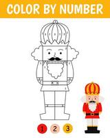 Color by number game for kids. Cute nutcracker in cartoon style. Christmas coloring page. Printable worksheet with solution for school and preschool. Learning numbers activity. vector