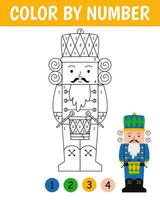 Color by number game for kids. Cute nutcracker in cartoon style. Christmas coloring page. Printable worksheet with solution for school and preschool. Learning numbers activity. vector