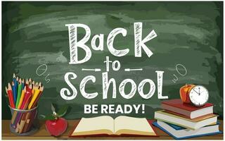 Back to school poster with chalkboard, books, pencils, apple and other supplies. Vector illustration