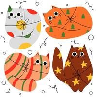 Set gift in the form of cats. Gifts set packaging and decoration, original design, giving gifts in celebration. Cake, candy, bag, bow, gift wrapping. Vector cartoon illustration for Christmas.