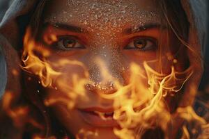 AI generated A woman with a fire on her face is shown with a face in the foreground photo