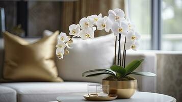 AI generated A close up of orchid flower on a table in a luxurious room photo