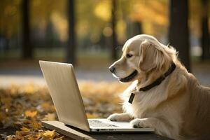 AI generated Cute corgi dog working on the laptop in outdoor background photo