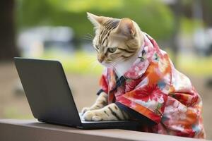 ai generado pequeño gatito trabajando en el ordenador portátil en al aire libre antecedentes foto