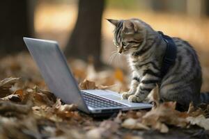 ai generado pequeño gatito trabajando en el ordenador portátil en al aire libre antecedentes foto