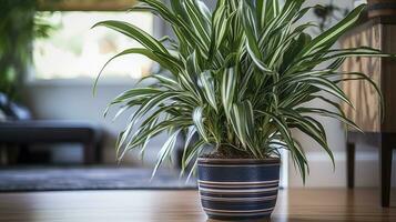 AI generated A close up of dracaena green leaf in a beige pot on a marble floor photo