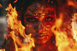 AI generated A woman with a fire on her face is shown with a face in the foreground photo